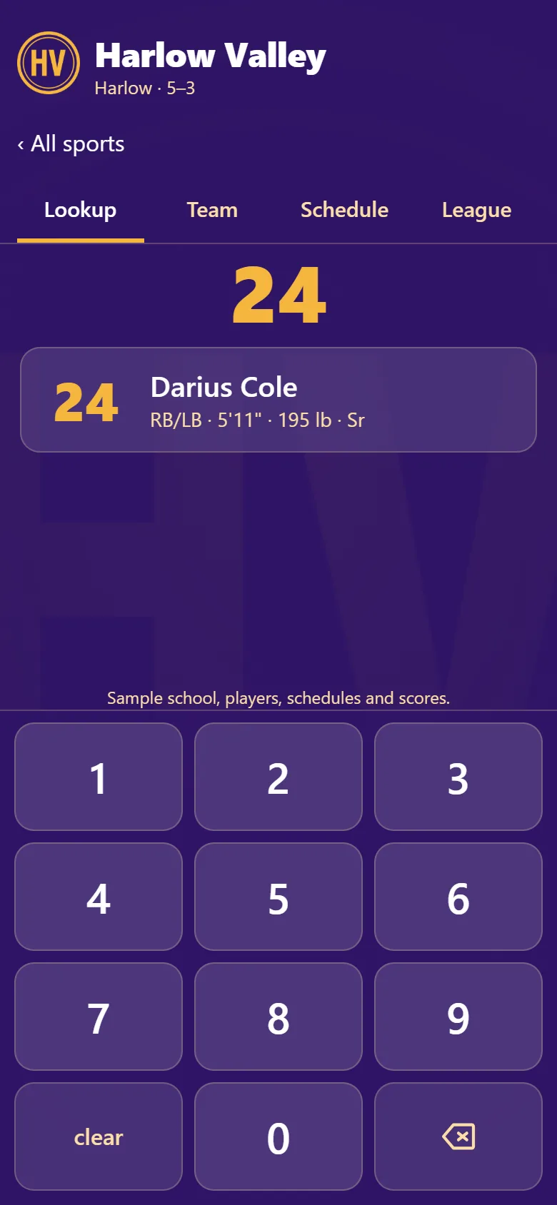 The Lookup screen: a jersey number typed on a keypad, and the player’s name, position and class above it.